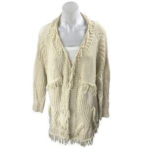 Tularosa Cream Long Sleeve Boho Fringe Midi Open Cardigan Sweater Top Size S